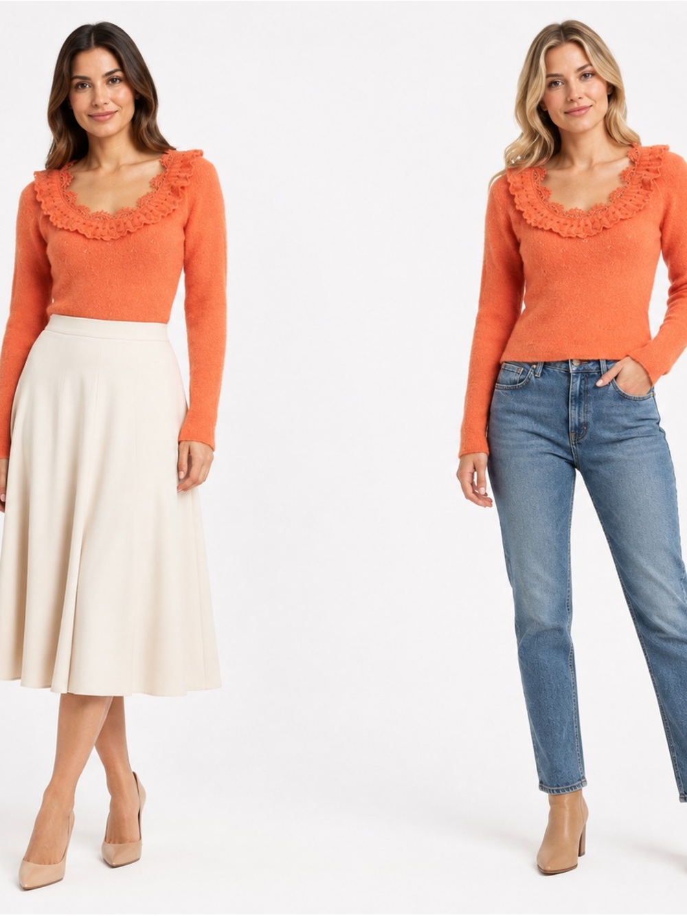 Max Edition Coral-Orange Ruffle Scoop Neck Long Sleeve Top